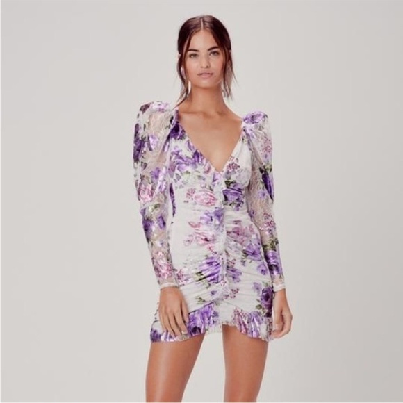 Revolve For Love and Lemons Wildflower Foil Lace Mini Dress in Lavender Sz small - Picture 6 of 15